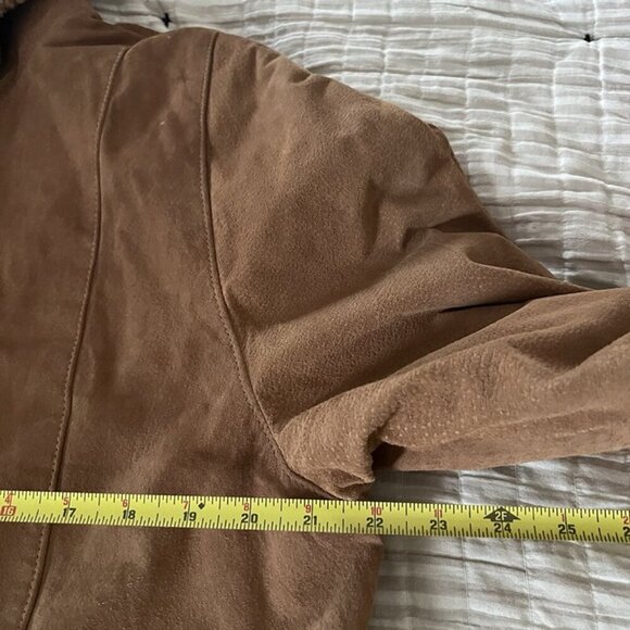 Vintage Y2K Gallery Hooded Suede Leather Penny Lane Coat Faux Fur Trim Sz L Warm - Picture 11 of 12